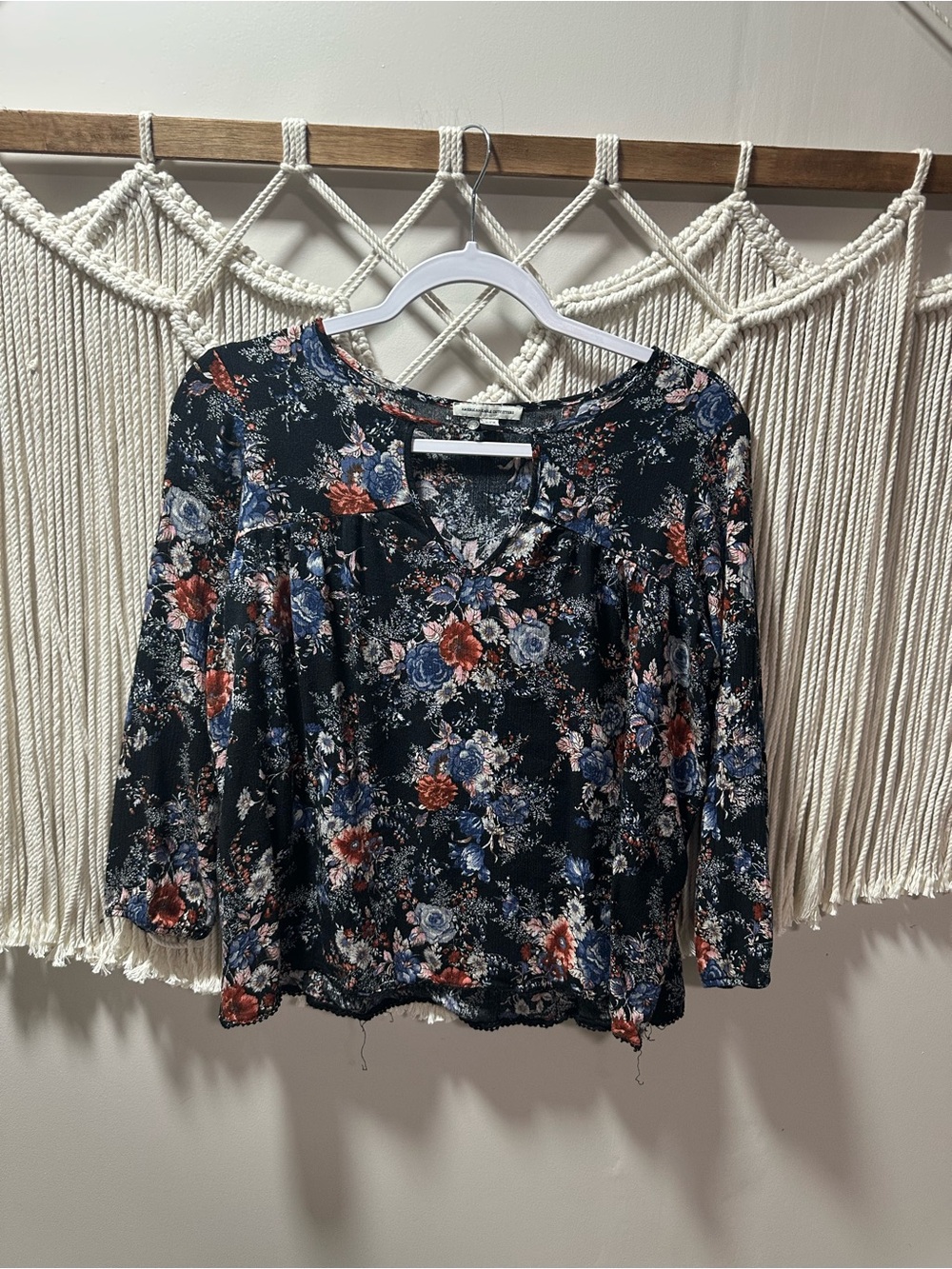 American Eagle Outfitters Black Floral V-Neck Blouse with Blue & Rust Flowers